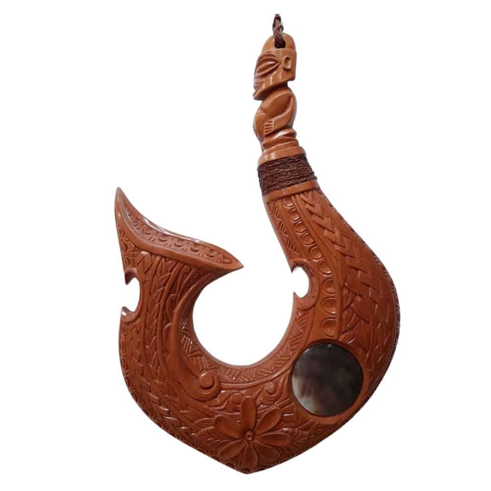 Wooden Fish Hook with Tangaroa & Parau Shell - Island Craft Ltd