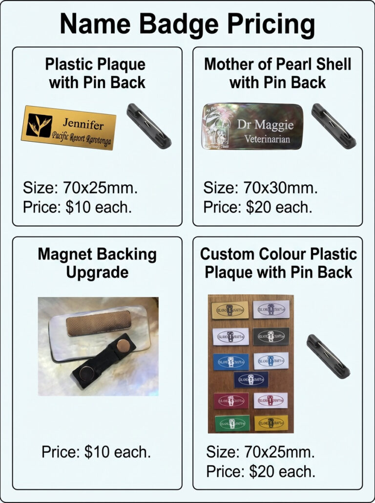 Custom branded name badges, metal and plastic options, affordable pricing, Island Craft since 1942.